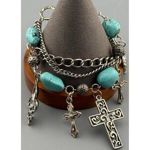 Vintage Charm Bracelet Cross Crown Fleur de Lis Blue Stones Silver Tone Goth"